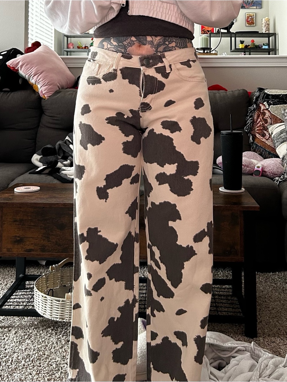 Cow Print Wide Leg Jeans - Beige and Dark Brown